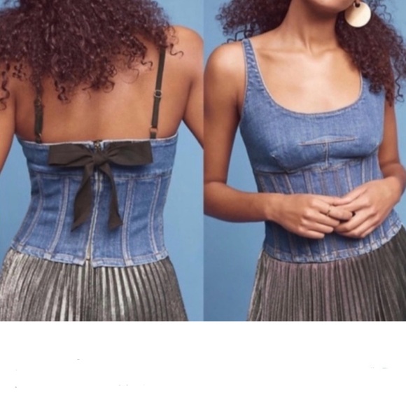 Maeve Anthropologie Denim Corset Top with Black Bow - Picture 1 of 9